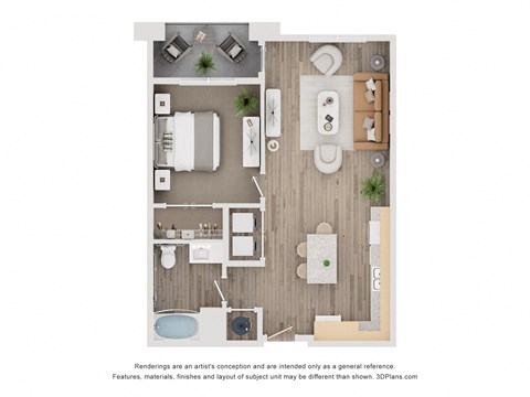 Floor plan for 1 bed, 1 bath, 692 sqft